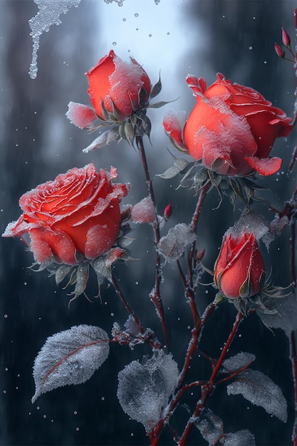 Red roses draped with frost and snow Valentines day background Created with Generative AI technology