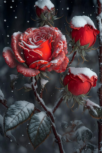 Red roses draped with frost and snow Valentines day background Created with Generative AI technology