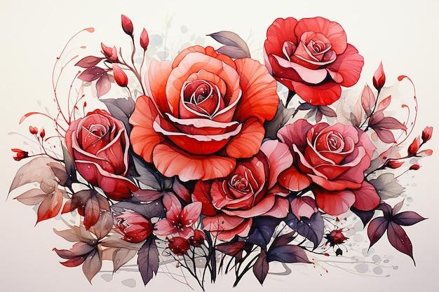 Red roses drawn with watercolor isolated on white background