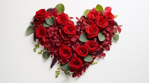 Red roses and eucalyptus leaf arranged in a heart shape