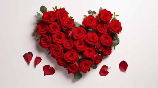 Red roses and eucalyptus leaf arranged in a heart shape