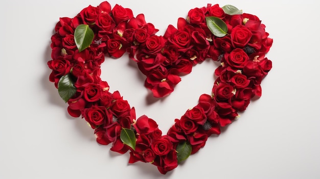 Photo red roses and eucalyptus leaf arranged in a heart shape