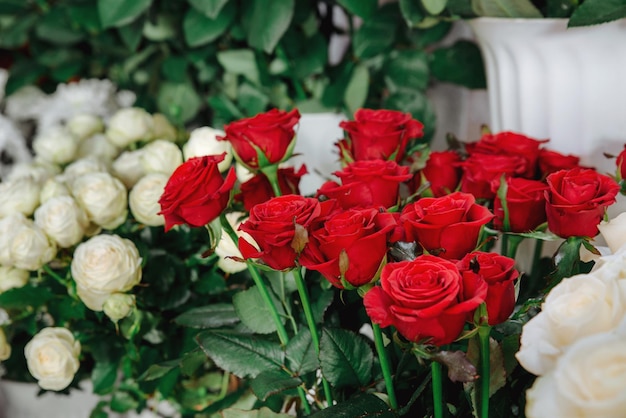 Red roses in a flower shop flower market roses of other colors on foreground and background no