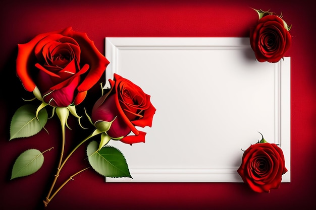 Red roses frame with a white frame