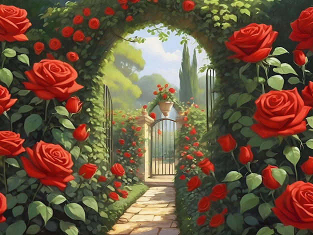 Red roses on a garden door