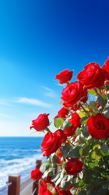 Red roses in a garden with the sea in the background