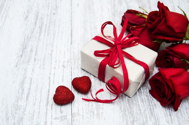 Red roses and gift box