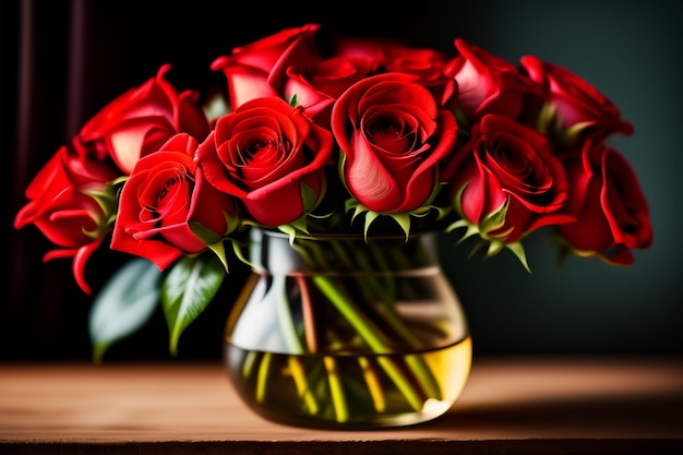 Red roses in a glass flower vase on the table for Mother's Day and Valentine's Day