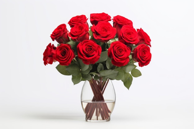 Red roses in glass vase on table