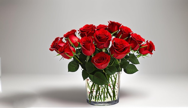 Red roses in a glass vase with a white background