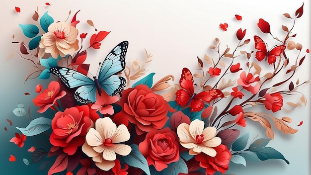 Red roses and gold butterflies on a dark blue background