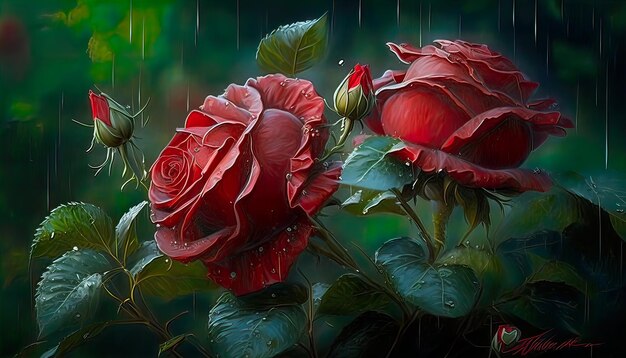 Red roses in a green garden very fresh with water spray Generate AI