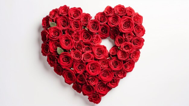 Photo red roses in a heart arrangement on a white background