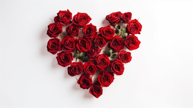 Photo red roses in a heart arrangement on a white background