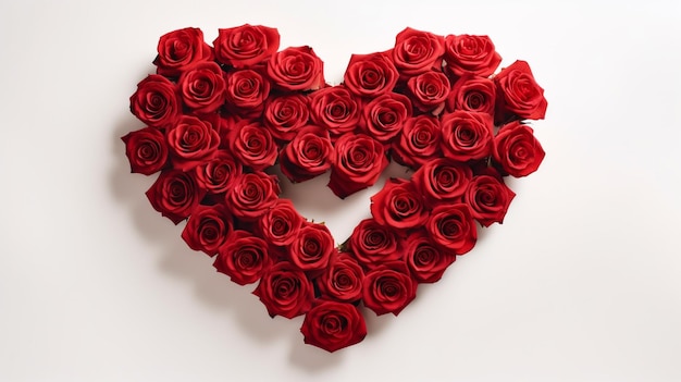 Photo red roses in a heart arrangement on a white background