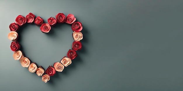 Red roses in a heart shape on a gray background