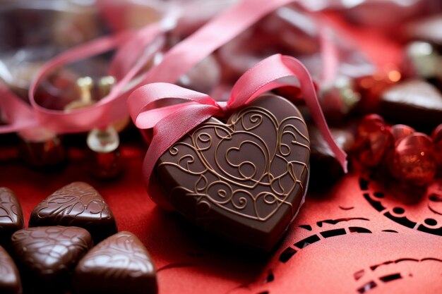 Photo red roses and heart shaped chocolate with ribbon valentines day background