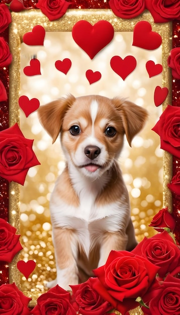 red roses and hearts background with dog