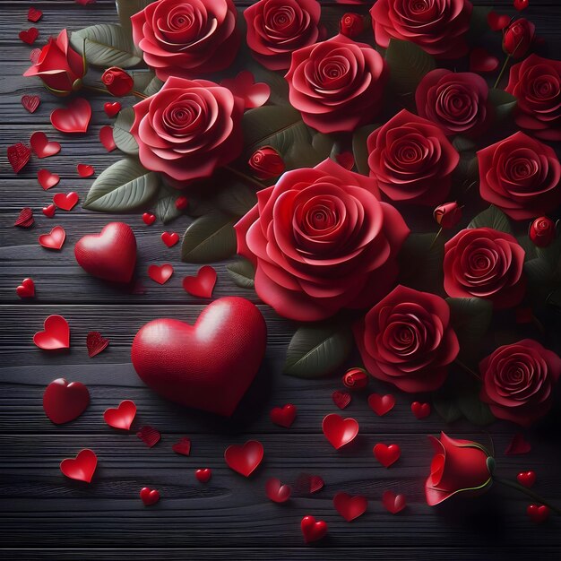 黒い木製の背景に赤いバラとハートのバレンタインデーポストカードコンセプト