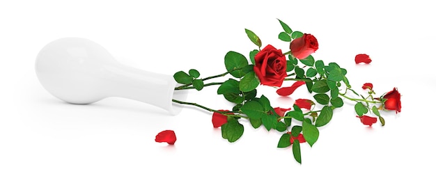 Red roses into vase on white background