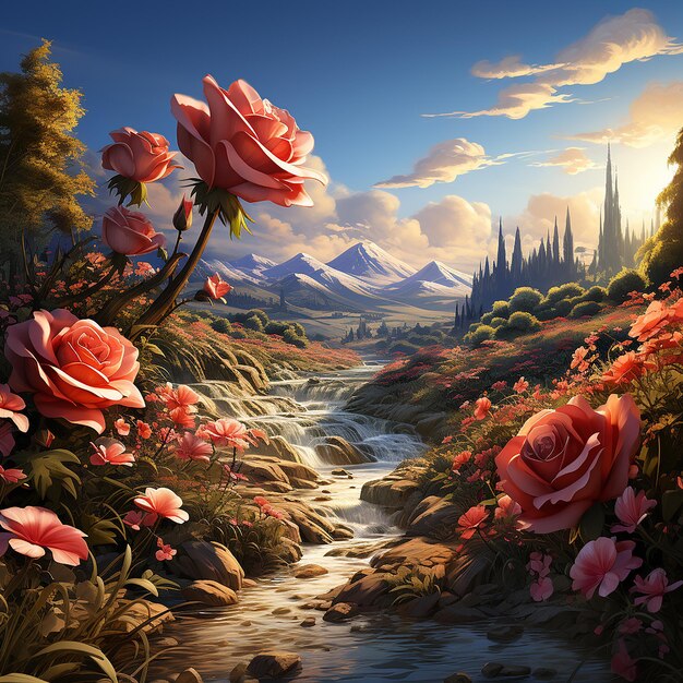 Red Roses Landscape Waterfall Whimsical Cartoon 8K