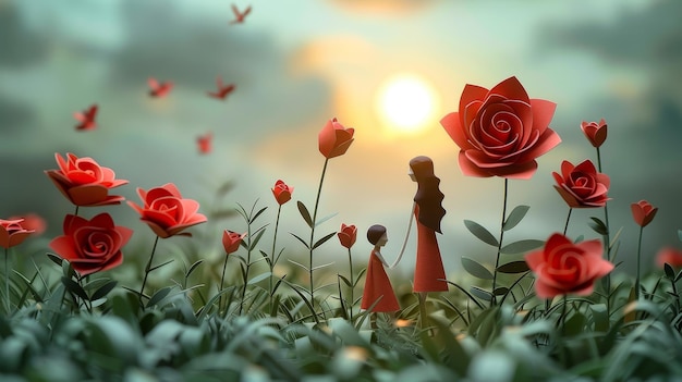 red roses on a meadow at sunset