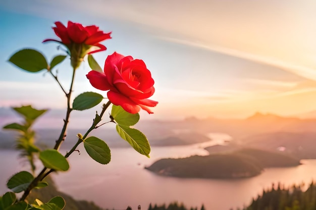 Red roses on a mountain with a sunset in the background