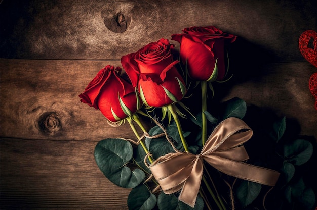 Red roses on a old wooden table