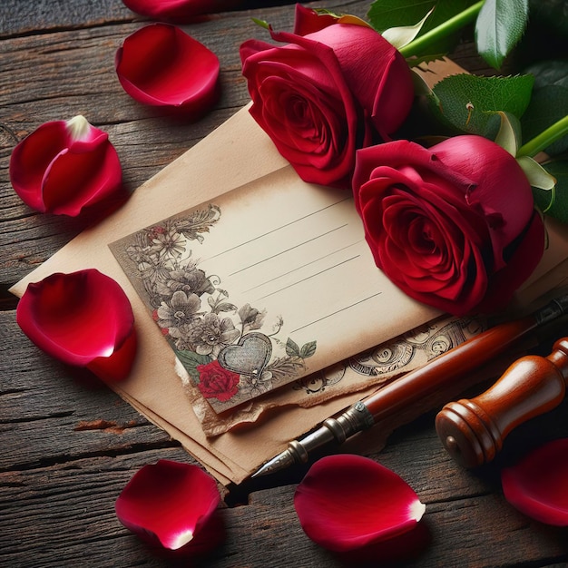Foto petali di rose rosse con carta su un vecchio sfondo di legno