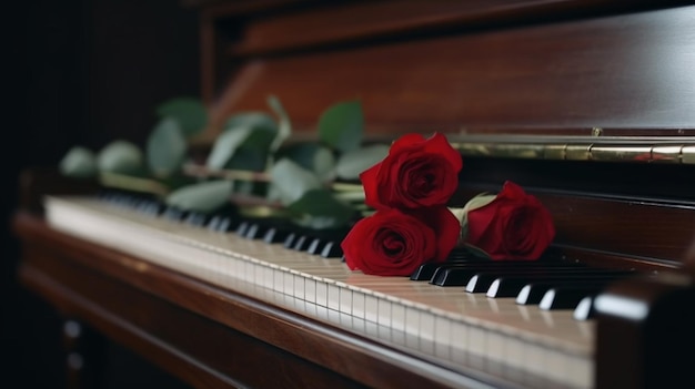 Red roses on a piano keyboard