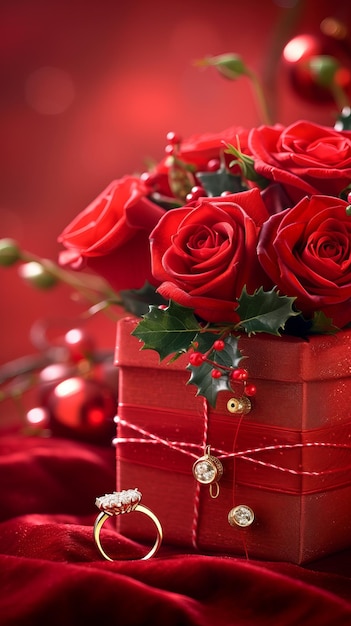 Красные розы в красной коробке с бриллиантовым кольцом