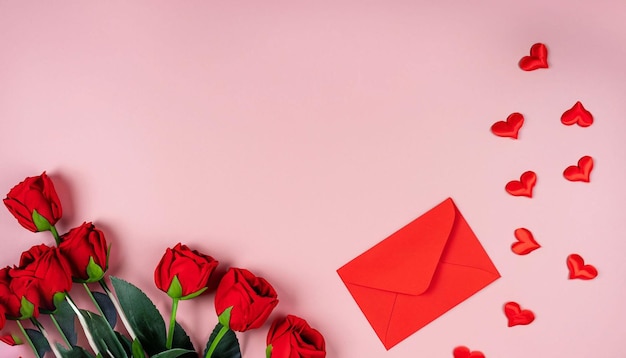 Red roses and a red envelope on a pink background