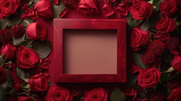 Red roses and red frame on a black background