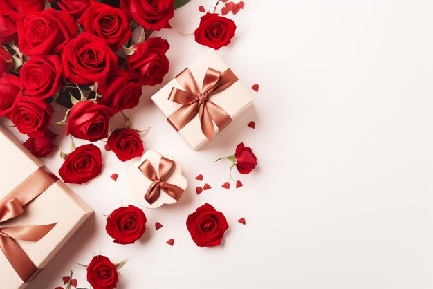 Red roses and red gift boxes on white background