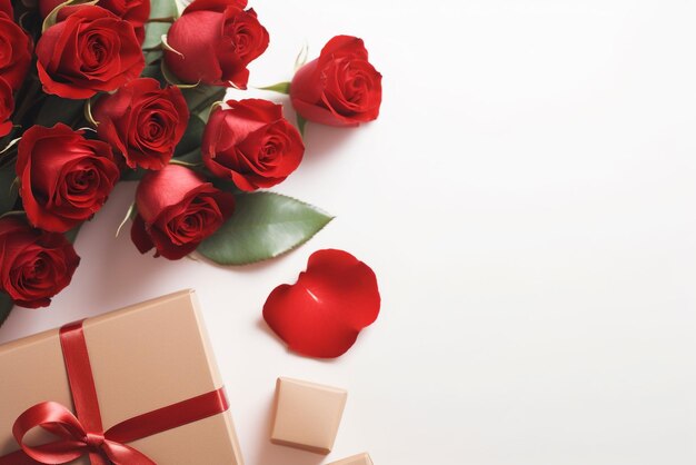 Red roses and red gift boxes on white background