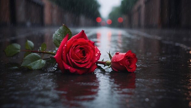 Red roses on road during rainy days with flower petals soaking wet urban scenery