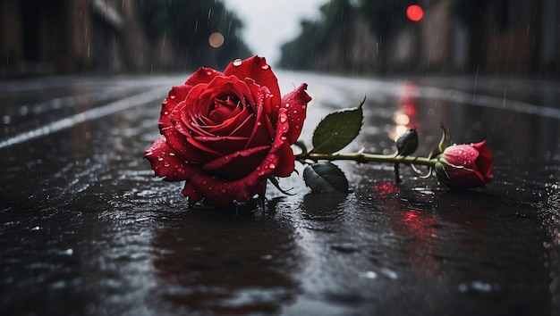 雨の日の道路上の赤いバラと花びらが濡れた都市の風景