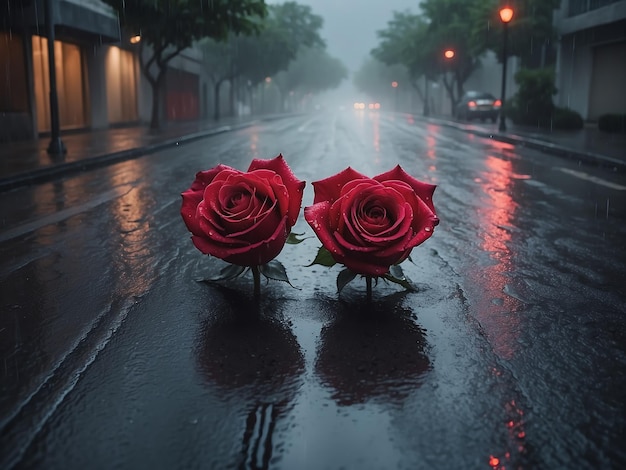 雨の冬の夜道路の赤いバラ