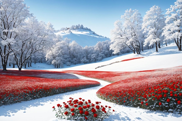 Red roses in the snow