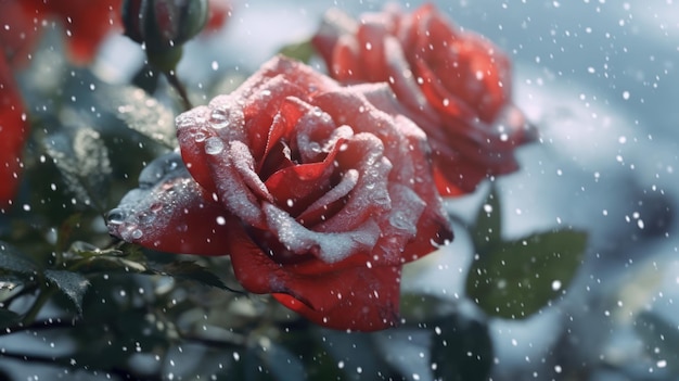 Red roses in the snow