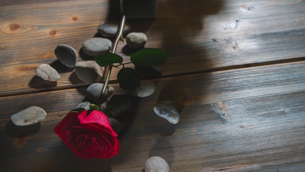 Red roses and stones on a brown wood table.