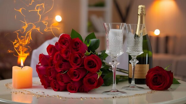 Красные розы, два стакана, бутылка шампанского и свеча на столе.