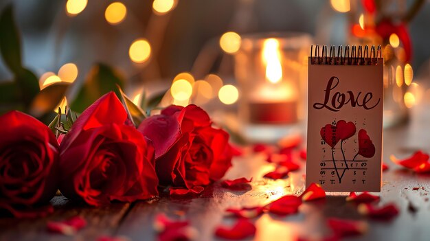 Red roses and Valentines Day card on wooden background with bokeh light