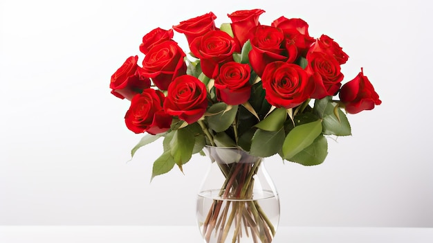 Red roses in a vase on a white background Place for textwhite wall