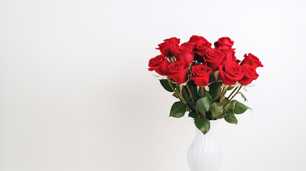 Red roses in a vase on a white background Place for textwhite wall