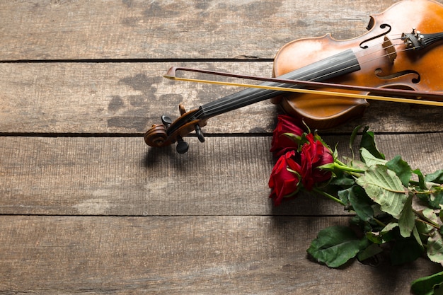 Foto rose rosse e un violino