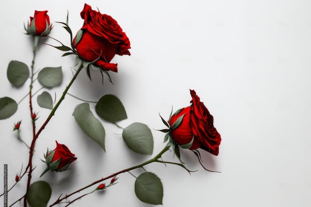ミニマリスト・コンポジティオのスタイルで白い背景のストック写真に赤いバラ