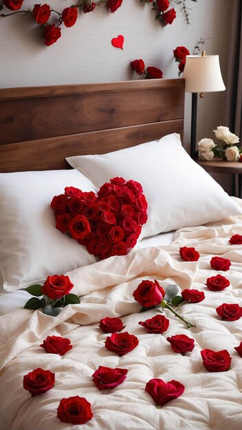 꽃잎이 흩어져 있는 흰색 침대 시트에 빨간 장미 로맨틱 침대 배열 배경