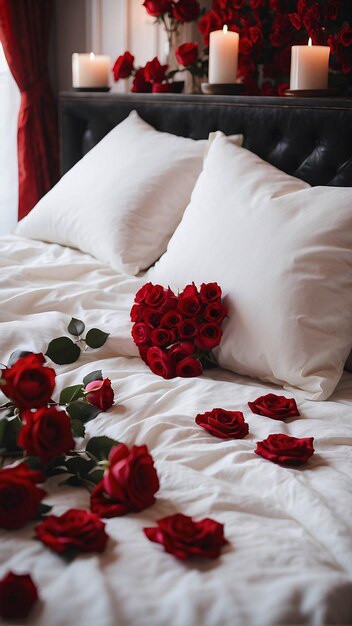 Red Roses on White Bed Sheet with Petals Scattered Romantic Bed Arrangement Background