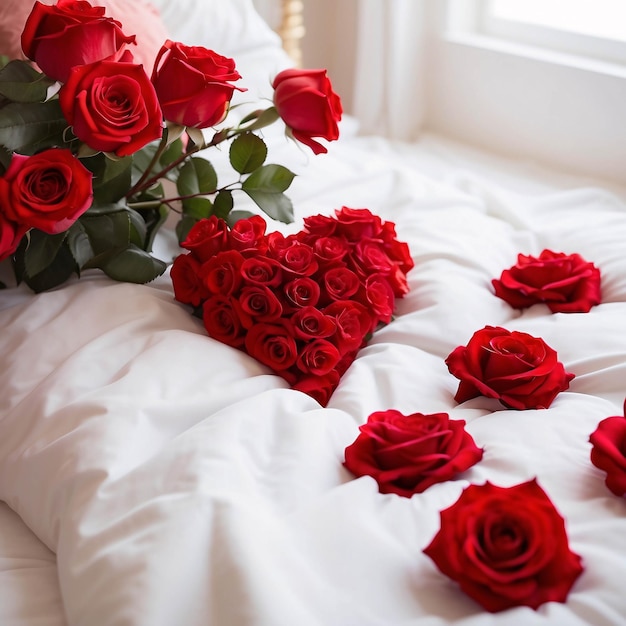 Red Roses on White Bed Sheet with Petals Scattered Romantic Bed Arrangement Background